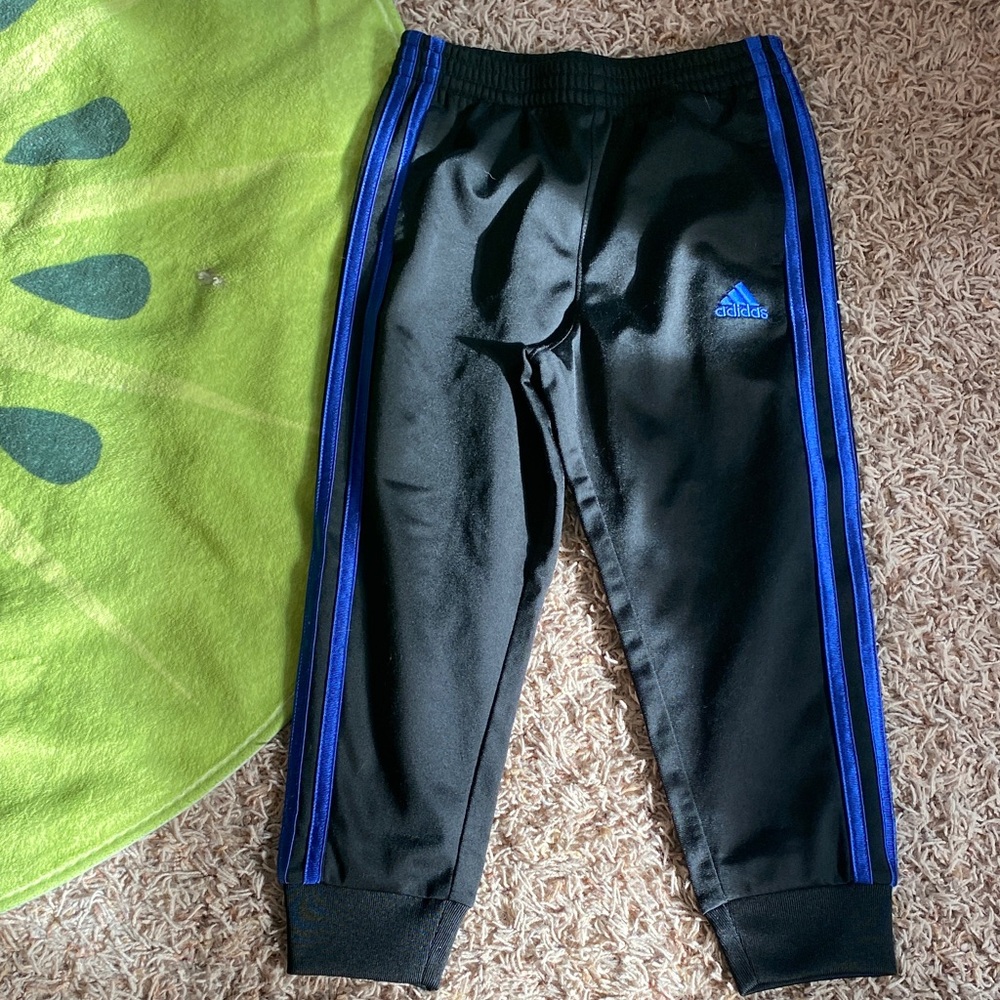 Adidas Kids Black Joggers with Blue Stripes
